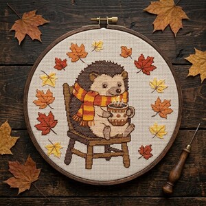 May include: A cross-stitch embroidery in a circular wooden hoop featuring a brown hedgehog sitting on a chair, wearing a yellow and orange striped scarf, and holding a steaming mug. The design is surrounded by small, stitched autumn maple leaves.