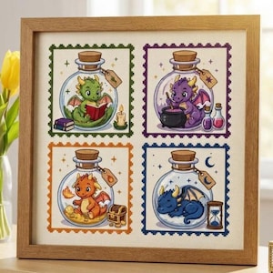 May include: A framed cross-stitch embroidery featuring four square panels, each depicting a small dragon inside a glass bottle. The dragons are green, purple, orange, and blue, accompanied by items like books, a cauldron, gold, and an hourglass.