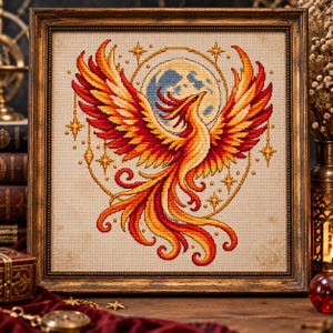 May include: A framed cross-stitch embroidery featuring a vibrant phoenix with red, orange, and yellow plumage. The bird is centered in front of a pale blue moon, surrounded by golden star motifs and delicate hanging ornaments on a beige fabric background.