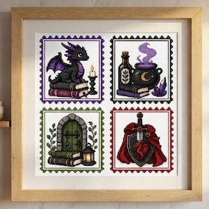 May include: A framed cross-stitch embroidery featuring four square panels. The top left shows a black dragon on books with a candle. The top right depicts a potion bottle, a cauldron with purple smoke, and crystals. The bottom left shows a stone door with books and a lantern. The bottom right displays a sword, shield, and red cloak.