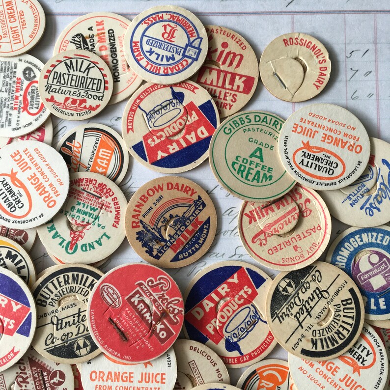 Milk Caps / 12 Vintage small Milk Bottle Caps Assorted for Etsy