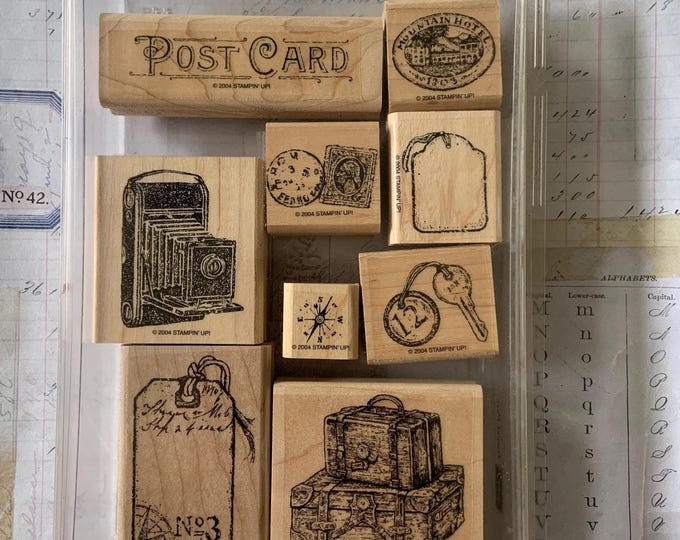 Stampin' up Stamp Set / 9 Vintage Wooden Rubber Stamps Mounted "travel ...