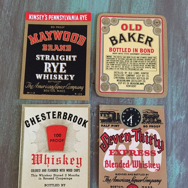 Whiskey Labels / 4 Vintage Whiskey Liquor Labels Old Baker, Chesterbrook, Maywood and Seven-Thirty Brands, Great for Journals, Smash Books++