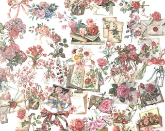 Floral STICKERS / 50 RED Stickers Flowers, Victorian Roses -- Great for Journals,Collage, Mixed Media, Crafts, etc.