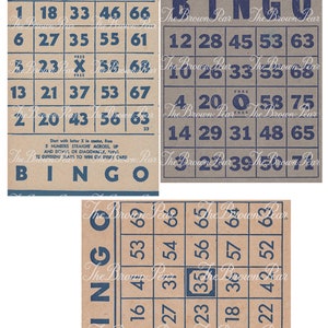 Pu&ograve; includere: Tre schede di bingo vintage con sfondo marrone e numeri blu. Le schede hanno la parola "BINGO" stampata in alto in lettere blu. Le schede sono numerate da 1 a 75. Lo spazio libero su ogni scheda &egrave; contrassegnato da una "X".
