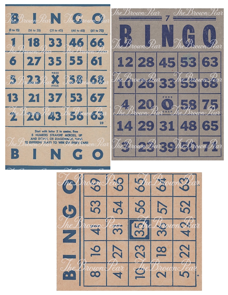 Pu&ograve; includere: Tre schede di bingo vintage con sfondo marrone e numeri blu. Le schede hanno la parola "BINGO" stampata in alto in lettere blu. Le schede sono numerate da 1 a 75. Lo spazio libero su ogni scheda &egrave; contrassegnato da una "X".