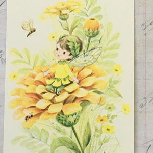May include: A vintage illustration of a fairy sitting on a large yellow flower, surrounded by other yellow flowers and green leaves. A small bee and ladybug are also present. The fairy is wearing a yellow dress and has leaf-shaped wings.
