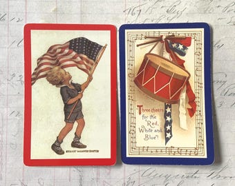 Patriotic Cards / 2 Vintage Boy With Flag and Drum Red White Blue