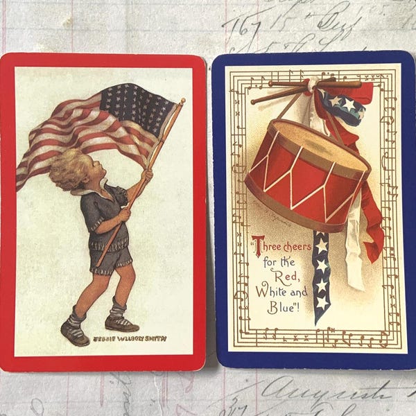 Patriotic Cards / 2 Vintage Boy with Flag and Drum Red White Blue Playing Cards Great for Mixed Media, Scrapbooks, Collage, Journals New