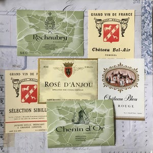 FRENCH Labels / 6 Vintage FRENCH Wine Labels -- Great for Collage, Altered Art, Journals, Mixed Media, Collecting, etc++