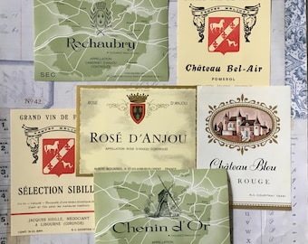 FRENCH Labels / 6 Vintage FRENCH Wine Labels -- Great for Collage, Altered Art, Journals, Mixed Media, Collecting, etc++