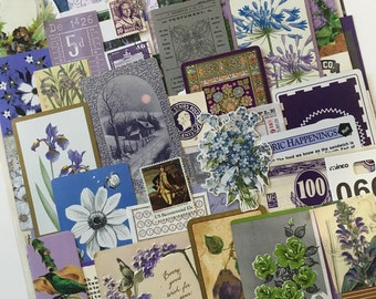 Floral Scrap Pack / 60 pc. Blue, Green & Purple Ephemera Paper Pieces DIY Kit for Mixed Media Inspiration Kit, Collage, Altered Art