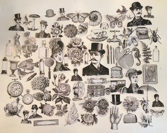 SCRAP PACK / 76  Pc. Black & White Scrap Kit Engraving by Tim Holtz Ephemera Great for Collage, Mixed Media, Cards, Journals, Smash Books++