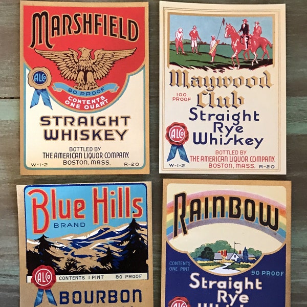 Whiskey Labels / 4 Vintage Whiskey Liquor Labels Rainbow, Blue Hills, Marshfield & Maywood Club Brands for Altered Art, Tags, Journals++