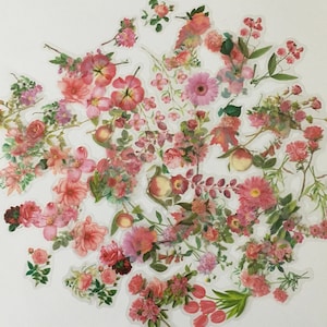 Floral Stickers / 100 Floral stickers Vinyl Pale Pink w/Green Leaves Flower Stickers -- Great for Altered Art, Collage, Scrapbooks, Journals