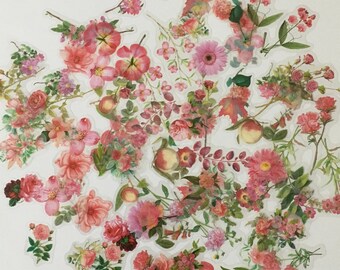 Floral Stickers / 100 Floral Stickers Pink w/Green Leaves Flower -- Great for Altered Art, Collage, Scrapbooks, Journals