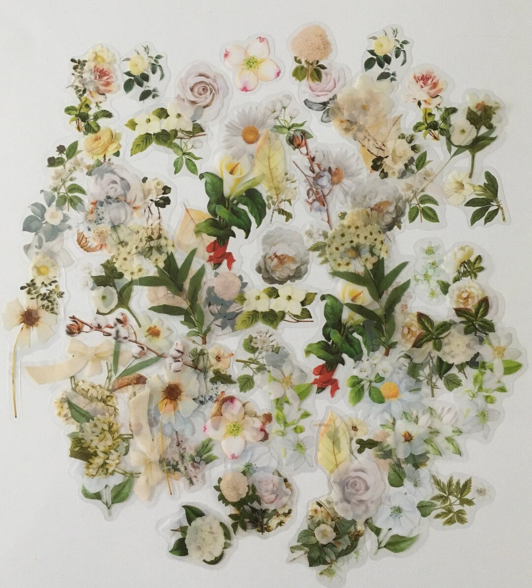 Floral Stickers / 100 Floral Stickers Vinyl Pale Pink & Cream W/green ...