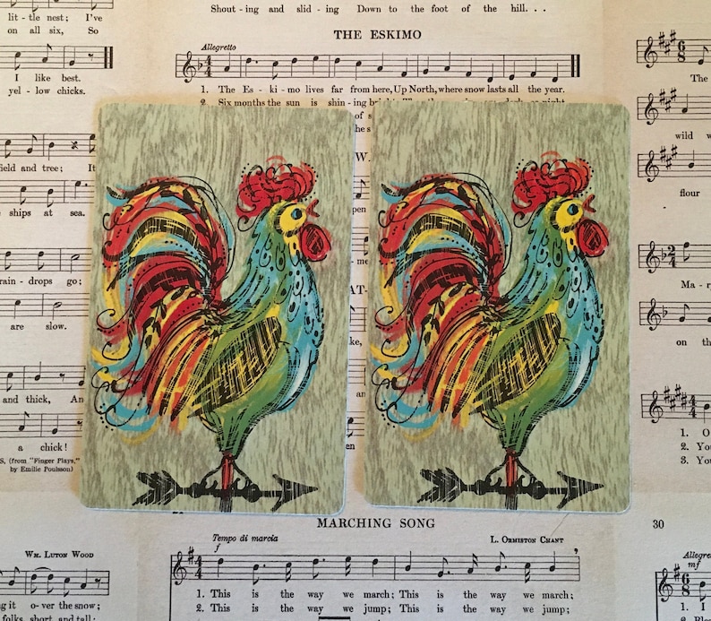 Rooster Swap Cards 2 Vintage Mod Rooster Playing Cards Great for Mixed Media Journals etc. Smash Books