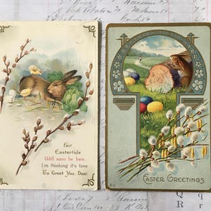 Easter Postcards / 2 Antique Easter Rabbit & Pussywillow Embossed Postcards --Great for Journals, Collage, Card Making++