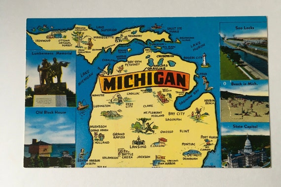 Canada Great Lakes Detroit etc Beautiful 5 x 7 Postcard State Map of Michigan 