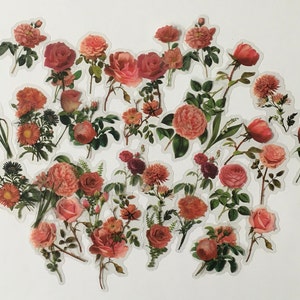 Floral Stickers / 40 Dark Pink Floral Stickers Roses and Flowers w/Leaves -Great for Journals, Scrapbooks, Collage, Decoupage, Crafts++