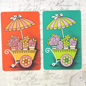 MOD Cards / 2 Vintage MOD Floral Playing Cards Cute Flower Carts from England --Great for Mixed Media, Collage, Scrapbooking, Journals, etc.