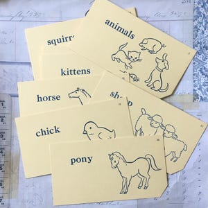 Flashcards / 20 Vintage Old School Double Sided Flash Cards Animals Words & Pictures Manila Cards --Great for Journals, Smash Books, Collage
