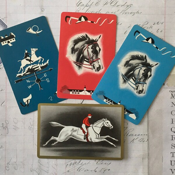 Horse Cards  / 4 Vintage Race Horse Playing Cards -- Great for Mixed Media, Junk Journals, Collage, etc.