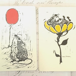 May include: Two vintage art cards. One features a mouse holding a red balloon, the other a hedgehog in a yellow flower. Both cards have black and white illustrations with the artist's signature.