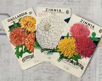 Seed packets-EMPTY / 3 vintage flower packets Zinnia White, Zinnia mIxed & Gaillardia  - NO SEEDS - Great for Journals, Scrapbooks, etc.