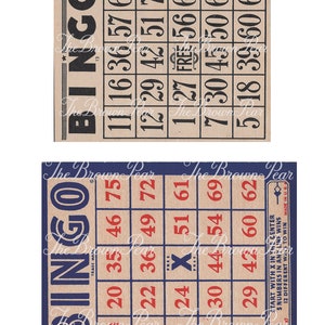 Pu&ograve; includere: Due schede da bingo vintage con bordo blu e rosso. La scheda superiore ha la parola "Bingo" in grandi lettere nere e numeri da 11 a 70. La scheda inferiore ha la parola "Bingo" in grandi lettere blu e numeri da 10 a 75. La casella centrale della scheda inferiore dice "Gratis".