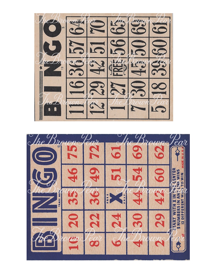 Pu&ograve; includere: Due schede da bingo vintage con bordo blu e rosso. La scheda superiore ha la parola "Bingo" in grandi lettere nere e numeri da 11 a 70. La scheda inferiore ha la parola "Bingo" in grandi lettere blu e numeri da 10 a 75. La casella centrale della scheda inferiore dice "Gratis".
