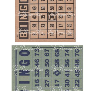 Pu&ograve; includere: Due schede da bingo vintage con numeri stampati su di esse. La scheda superiore &egrave; marrone con numeri neri e la scheda inferiore &egrave; verde con numeri blu. Entrambe le schede sono etichettate "Bingo" nella parte superiore.