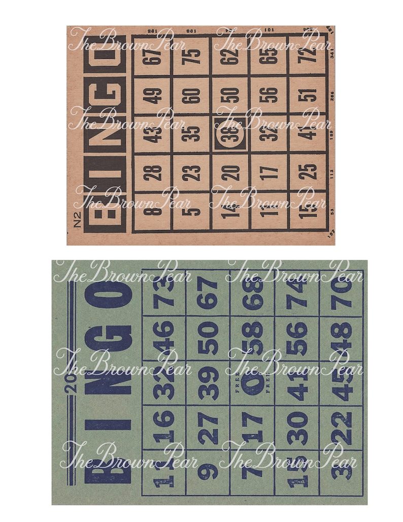 Pu&ograve; includere: Due schede da bingo vintage con numeri stampati su di esse. La scheda superiore &egrave; marrone con numeri neri e la scheda inferiore &egrave; verde con numeri blu. Entrambe le schede sono etichettate "Bingo" nella parte superiore.