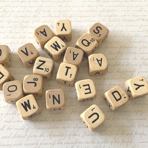May include: Wooden Scrabble letter tiles scattered on a vintage paper background. The tiles are light brown with black letters and numbers, perfect for word games or crafting projects.