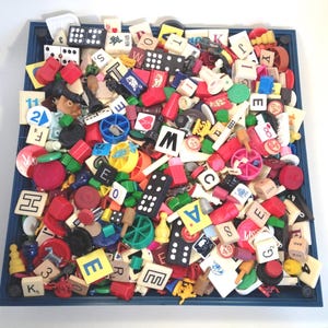 Game Pieces / 55 Destash Game pieces Scrabble, Dominoes, Bingo, Rummikub, Chess, Checkers Game Pieces for Art, Mixed Media-- Some Vintage