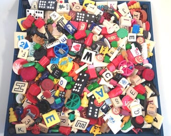 Game Pieces / 55 Destash Game pieces Scrabble, Dominoes, Bingo, Rummikub, Chess, Checkers Game Pieces for Art, Mixed Media-- Some Vintage