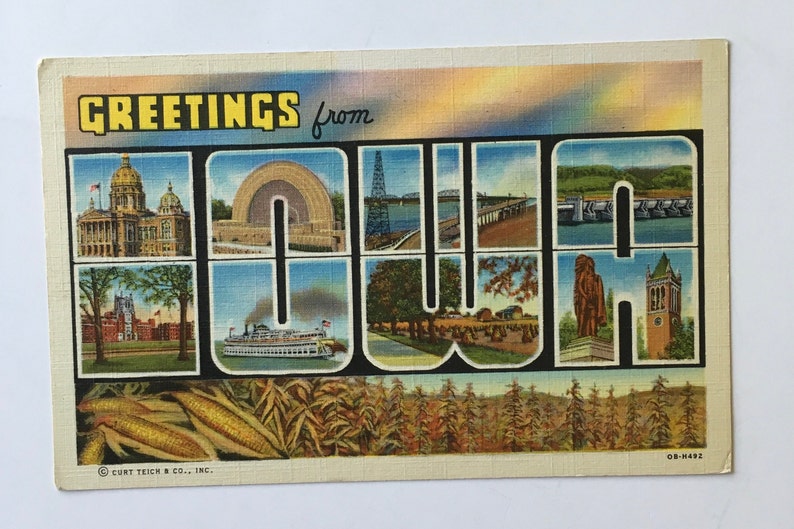 Large Letters POSTCARD Vintage Greetings from IOWA Large Letters Linen Postcard Unused