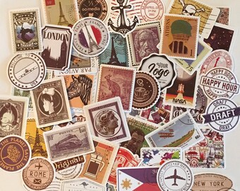 Travel STICKERS /  50 Hydro flask Stickers TRAVEL Theme  — great for Laptop, Skateboard, Phone, Journals,Collage, Mixed Media, Crafts, etc.