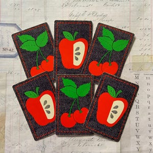 Summer CARDS / 6 Vintage Retro Summer Playing Cards Apples & Cherries -- Great Ephemera for Collage, Scrapbooks, Journals