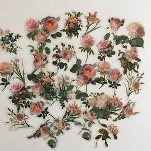 Floral Stickers / 40 Pink Floral Stickers Roses and Flowers w/Leaves -Great for Journals, Scrapbooks, Collage, Decoupage, Crafts++