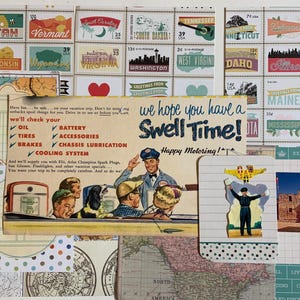 May include: A collage of vintage ephemera featuring state stamps, maps, and advertisements. The central image reads "We hope you have a Swell Time!" with a retro illustration of a gas station scene. Other elements include state stamps and travel-themed cards.