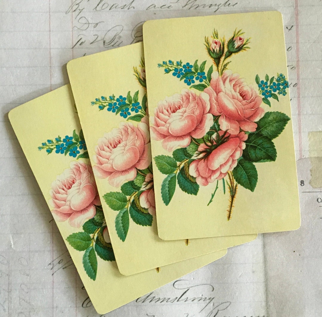 Rose Card Rance Rose Cards / 3 Vintage Pink Roses Floral Playing Cards for Mixed Media ...