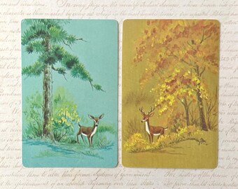 Deer Cards / 2 Vintage Cute Woodland Deer Scene Playing Cards Great for Mixed Media, Journals, Smash Books, etc.