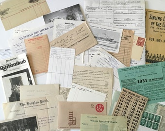 EPHEMERA Pack / 40 pc. Vintage Scrap Pack Neutral Ephemera Bills, Receipts, Checks, Railroad, Postcards Ephemera Pieces Great for Journals+