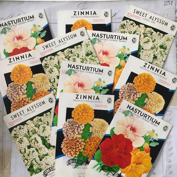 Seed packets-EMPTY / 3 vintage flower packets Zinnia, Sweet Alyssum and Nasturtium Labels - NO SEEDS - Great for Journals, etc.