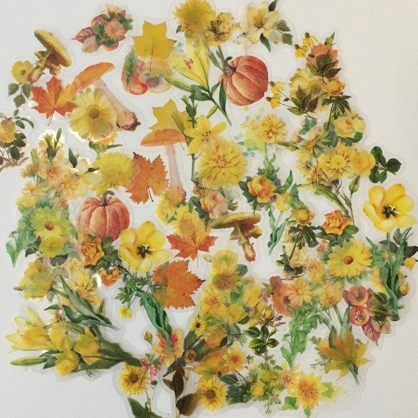 Floral Stickers / 100 Floral stickers Vinyl Yellow, Orange w/Green Leaves Great for Altered Art, Collage, Scrapbooks, Journals, Smash Books+