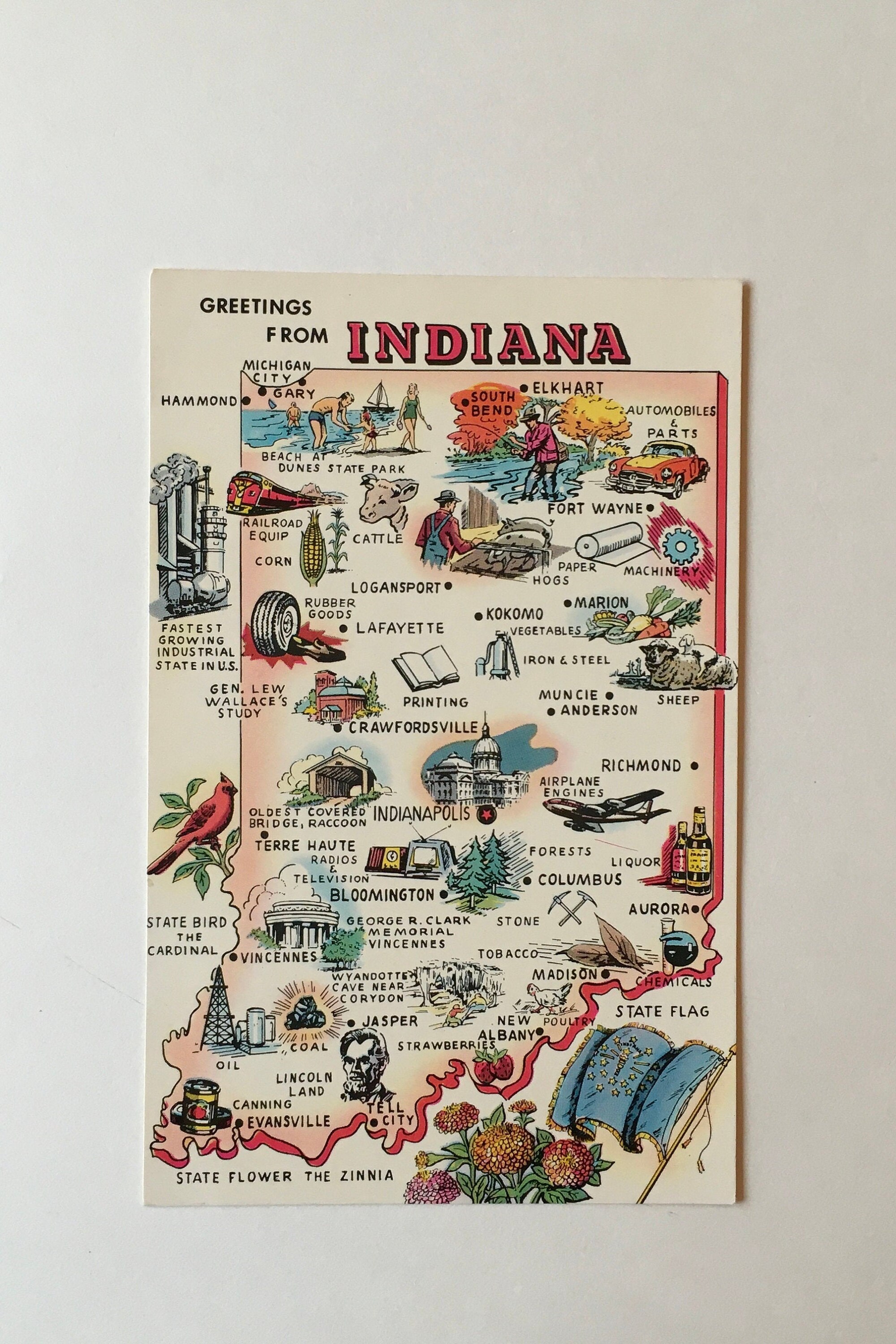 INDIANA POSTCARD / Vintage Greetings from Indiana Souvenir Map Etsy