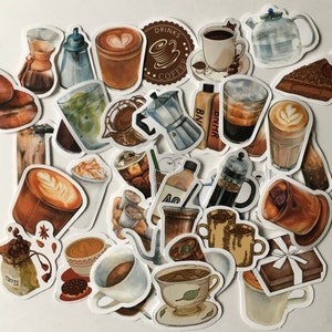 Coffee STICKERS /  40 Waterproof VINYL Stickers for Laptop, Skateboard, Phone, Journals,Collage, Mixed Media, Crafts, etc.