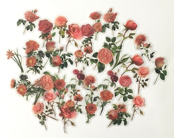 Floral Stickers / 40 Dark Pink Floral Stickers Roses and Flowers w/Leaves -Great for Journals, Scrapbooks, Collage, Decoupage, Crafts++